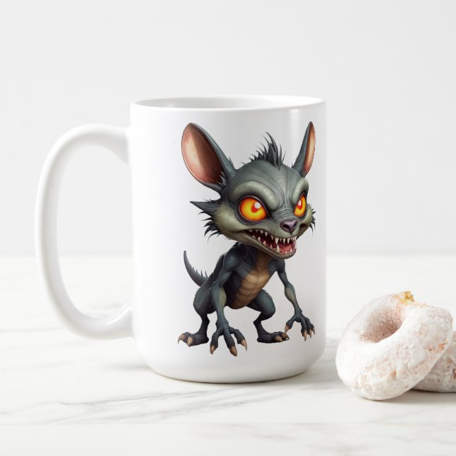 Fierce Chupacabra Art Spiky Fur Fantasy Creature  Coffee Mug (With Donut)