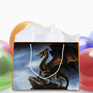 Fierce Copper Gold Black Dragon Fantasy Large Gift Bag