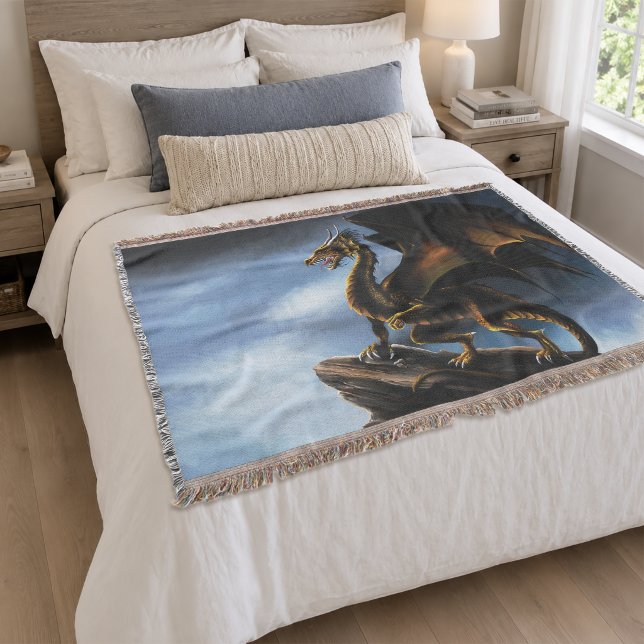 Fierce Copper Gold Black Dragon Fantasy Throw Blanket (Creator Uploaded)
