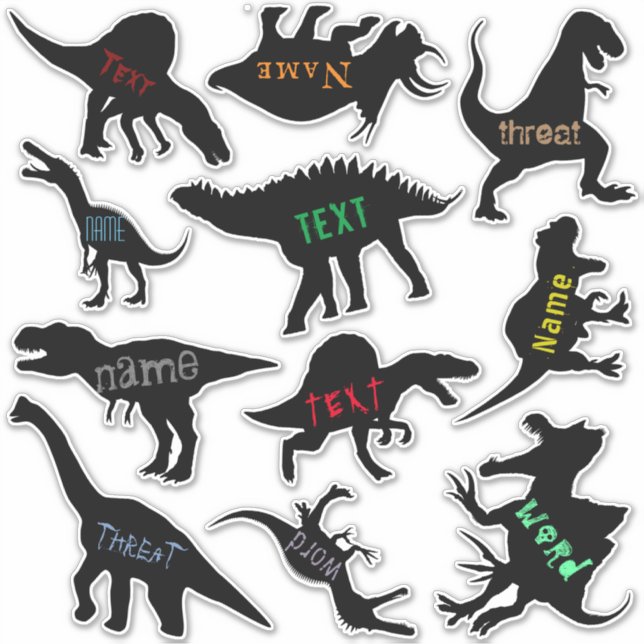 Fierce Dinosaur Silhouette Set with Text Stickers (Front)