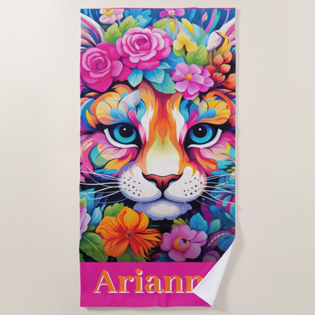 Fierce Elegance: Customizable Floral Tiger Art Beach Towel (Front)