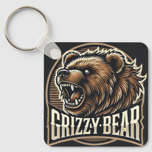Fierce Grizzly Bear Illustration Keychain