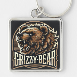 Fierce Grizzly Bear Illustration Keychain