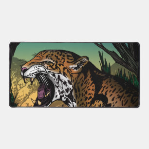 Fierce Growling Jaguar Jungle Art – Bold Teal Desk Mat