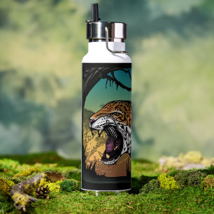 Fierce Growling Jaguar Jungle Art – Bold Teal Trop Water Bottle