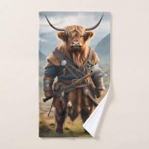 Fierce Highland Warrior: The Courageous Cow Viking Hand Towel