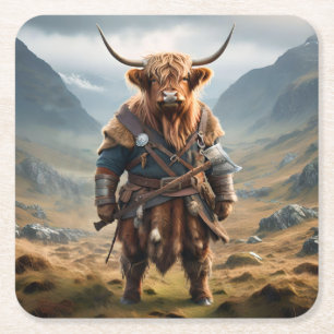 Fierce Highland Warrior: The Courageous Cow Viking Square Paper Coaster