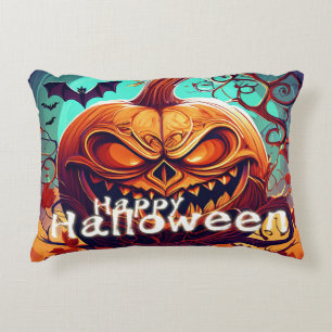 Fierce Jack-o-Lantern Bat Halloween Art Accent Pillow