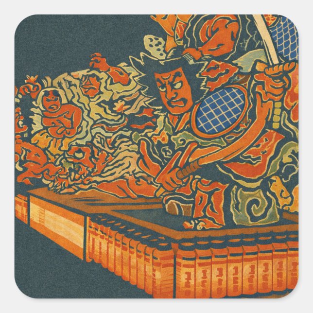 Fierce Kabuki Warriors – Japanese Woodblock Spirit Square Sticker (Front)