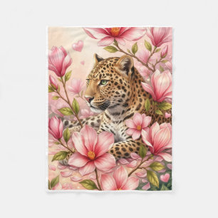 Fierce Leopard Amidst Pink Magnolia Flowers Fleece Blanket