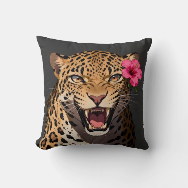 Fierce Leopard Pink Flower Pillow (Front)