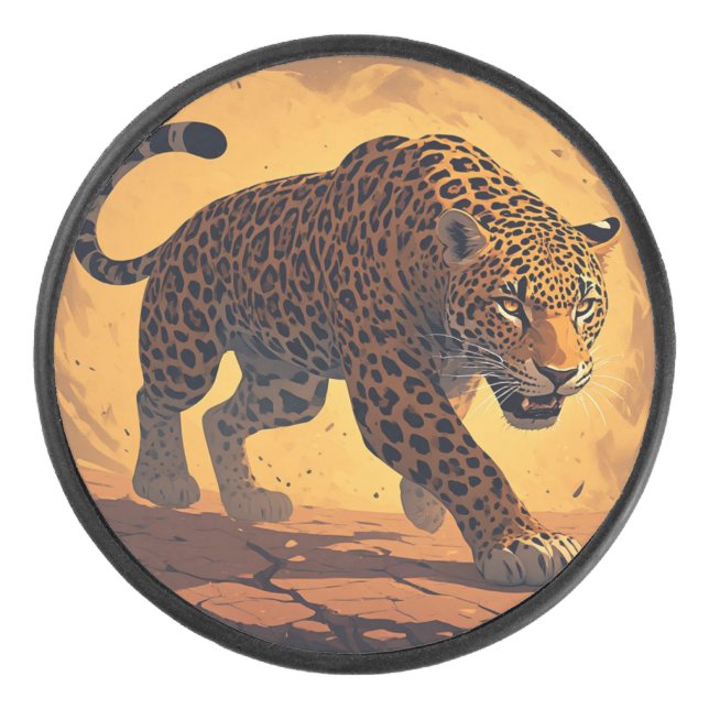 Fierce Leopard Prowling at Sunset Hockey Puck (Front)