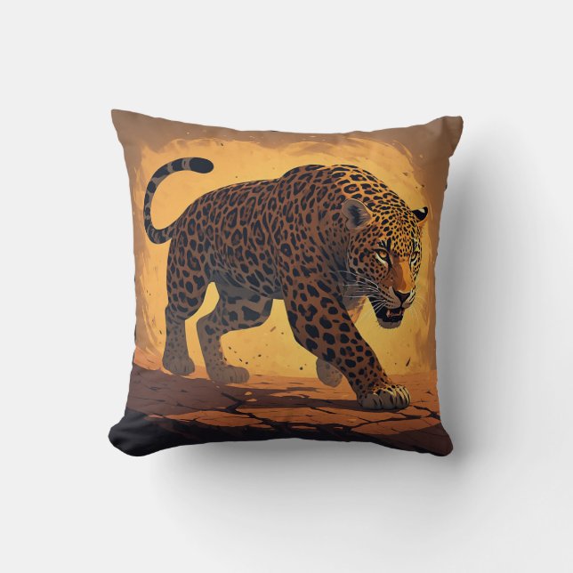 Fierce Leopard Prowling at Sunset Throw Pillow (Front)