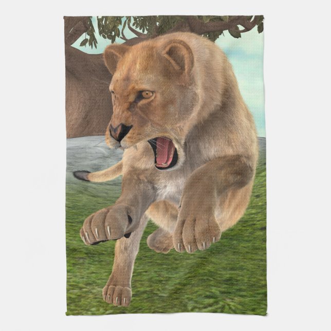 Fierce Lioness Jungle Adventure Art Kitchen Towel (Vertical)