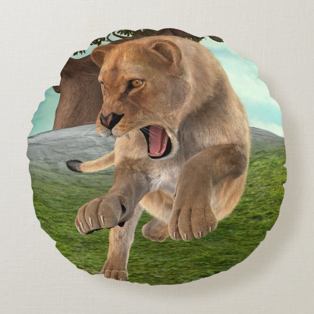 Fierce Lioness Jungle Adventure Art Round Pillow (Front)