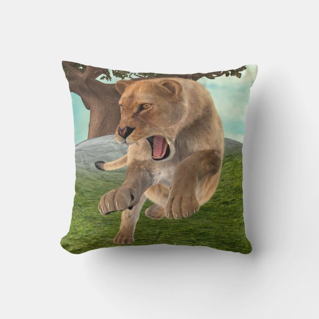 Fierce Lioness Jungle Adventure Art Throw Pillow (Front)
