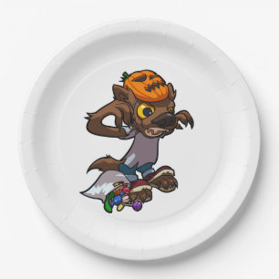 Fierce Little Werewolf Trick Or Treating Cartoon Paper Plate