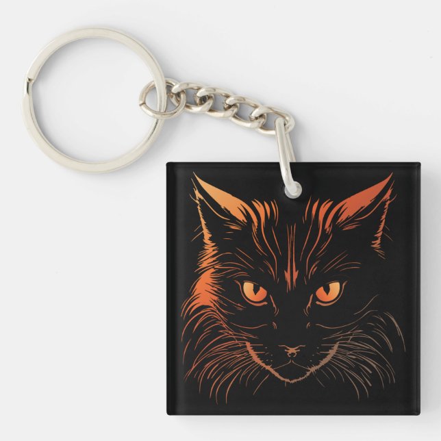 Fierce Orange-Eyed Cat Illustration Keychain (Front)