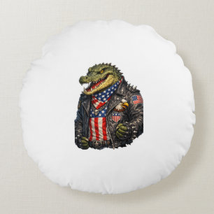 Fierce Patriotic Alligator Biker Leather Jacket St Round Pillow