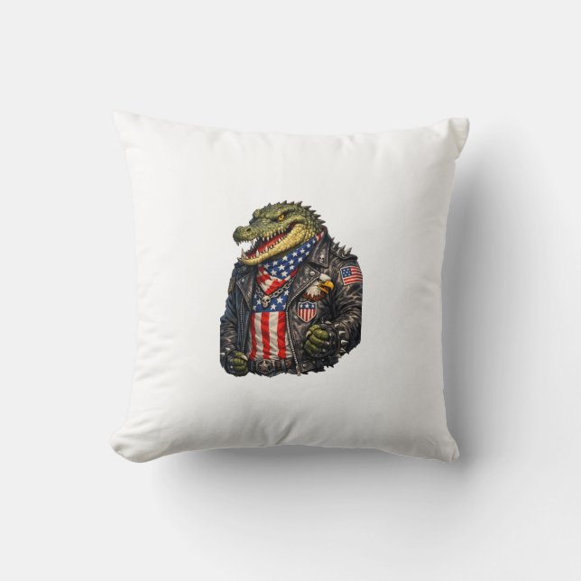 Fierce Patriotic Alligator Biker Leather Jacket St Throw Pillow (Front)