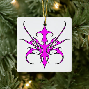 Fierce Pink and Black Tribal Line Art Illustration Ceramic Ornament