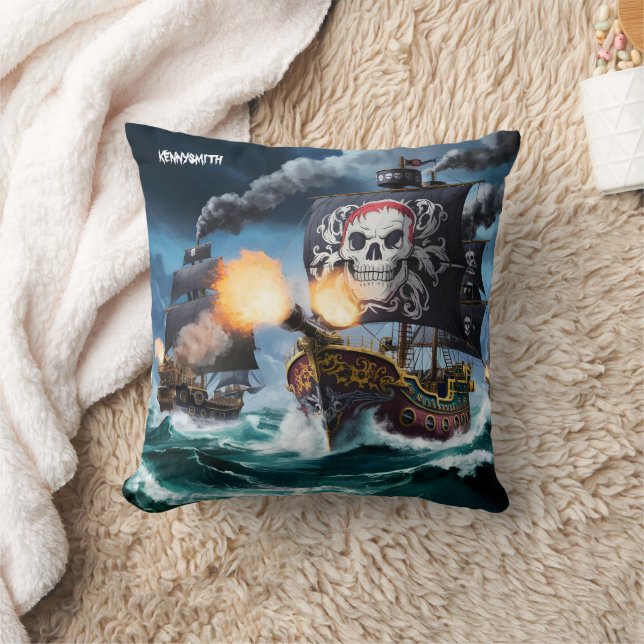Fierce Pirate Ships Engaged in Naval Battle at Sea Throw Pillow (Blanket)