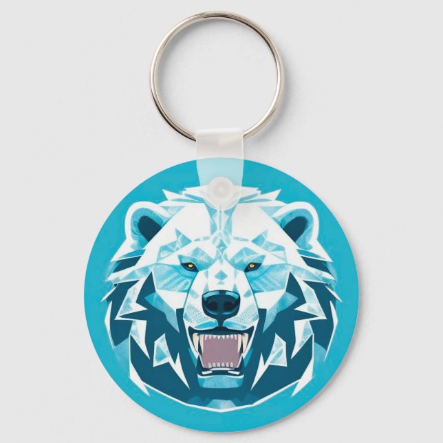 Fierce Polar Bear Geometric Illustration Keychain (Front)