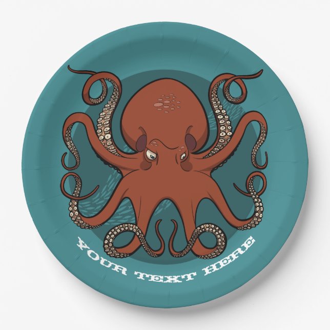 Fierce Red Octopus Tentacles Cartoon Paper Plate (Front)