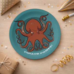 Fierce Red Octopus Tentacles Cartoon Paper Plate