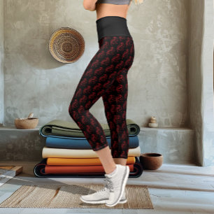 Fierce Red Tribal Dragon Silhouette Fantasy Capri Leggings