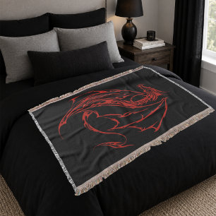 Fierce Red Tribal Dragon Silhouette Fantasy Throw Blanket