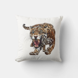 Fierce Roaring Jaguar Illustration Wild Jungle Throw Pillow