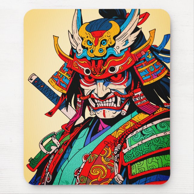 Fierce Samurai Warrior – Colourful Japanese Bushid Mouse Pad (Front)