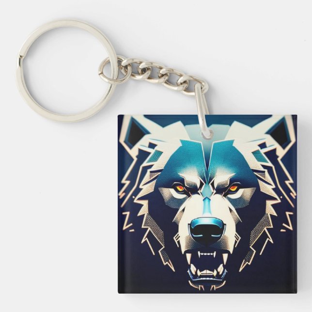 Fierce Stylized Bear Art With Abstract Neon Highli Keychain (Front)