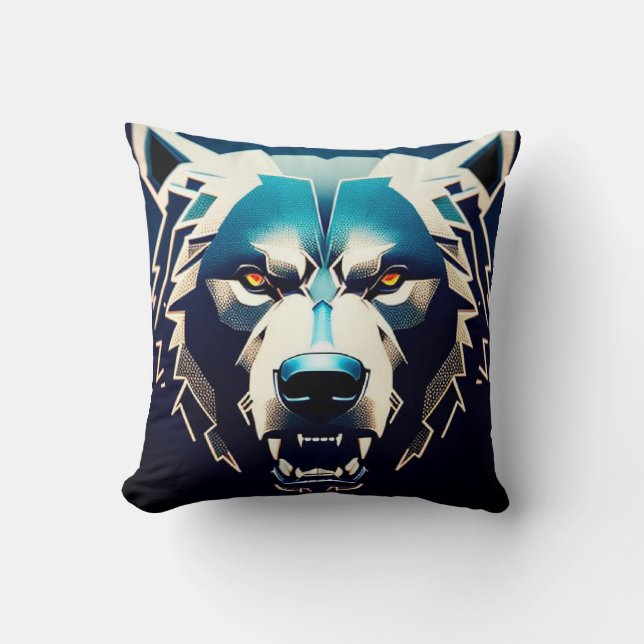 Fierce Stylized Bear Art With Abstract Neon Highli Throw Pillow (Front)