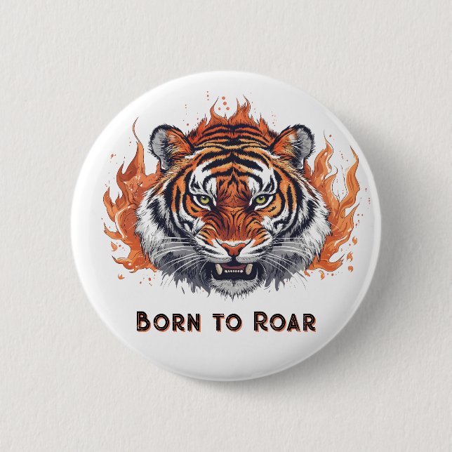 Fierce Tiger with Flames - Customizable Text 2 Inch Round Button (Front)