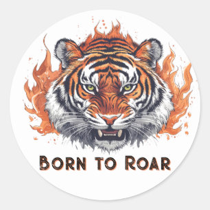 Fierce Tiger with Flames - Customizable Text Classic Round Sticker