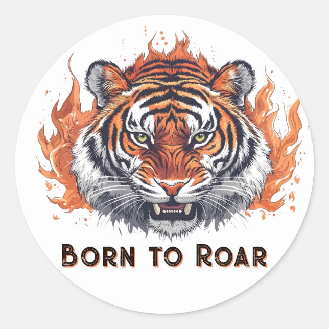 Fierce Tiger with Flames - Customizable Text Classic Round Sticker (Front)