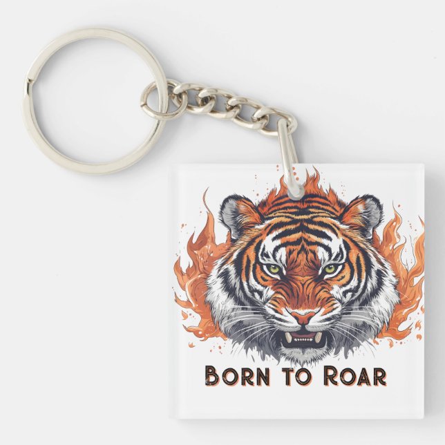 Fierce Tiger with Flames - Customizable Text Keychain (Front)