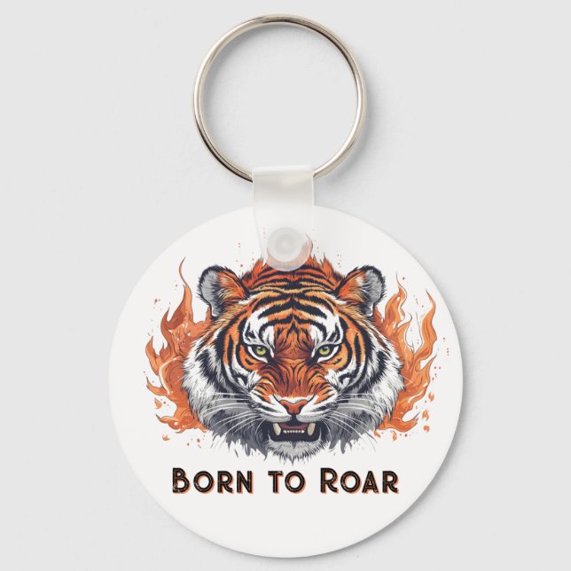 Fierce Tiger with Flames - Customizable Text Keychain (Front)