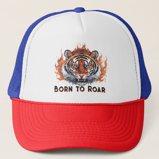 Fierce Tiger with Flames - Customizable Text Trucker Hat (Front)