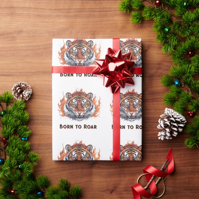 Fierce Tiger with Flames - Customizable Text Wrapping Paper (Holiday Gift)