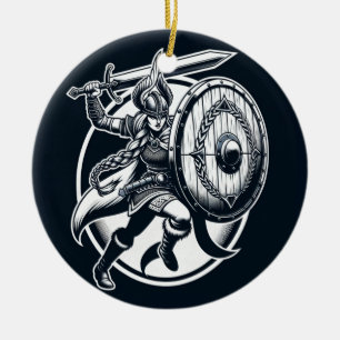 Fierce Valkyrie Warrior – Norse Mythology Line Art Ceramic Ornament