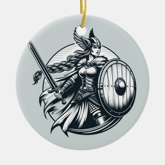 Fierce Valkyrie Warrior – Norse Mythology Line Art Ceramic Ornament (Front)