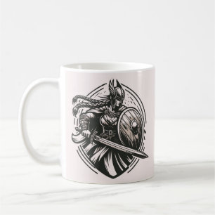 Fierce Valkyrie Warrior – Norse Mythology Line Art Coffee Mug