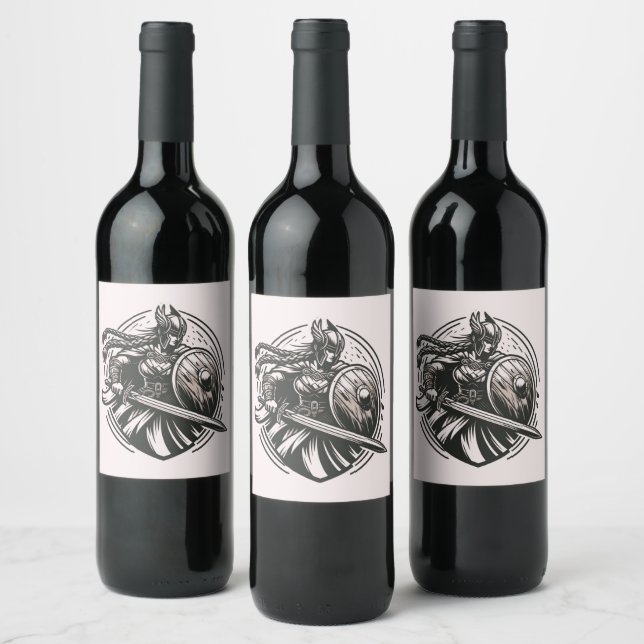 Fierce Valkyrie Warrior – Norse Mythology Line Art Wine Label (Bottles)