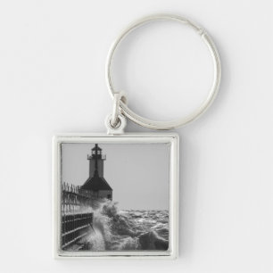 Fierce Waves At St Joseph Grayscale Keychain