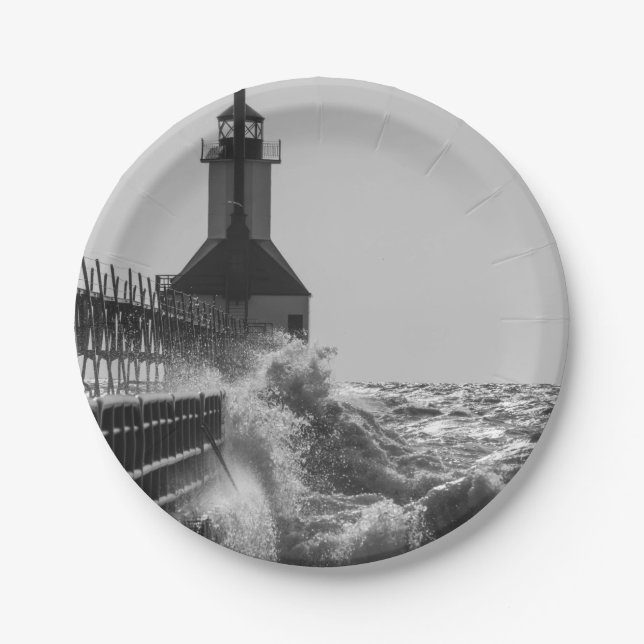Fierce Waves At St Joseph Grayscale Paper Plate (Front)