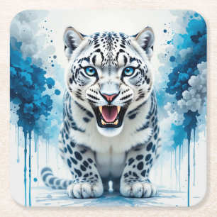Fierce White Leopard Square Paper Coaster