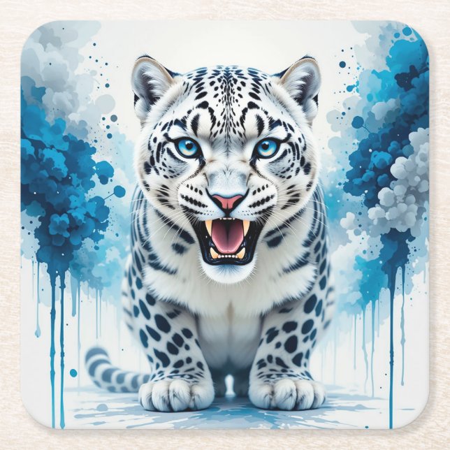 Fierce White Leopard Square Paper Coaster (Front)